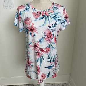 Ideology Womens Medium White Floral Fitness Yoga T-Shirt Athletic